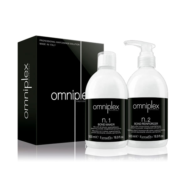 Omniplex Salon Kit Bond Maker 500 ml y Bond Reinforcer 500 ml de Farmavita para procesos químicos del cabello