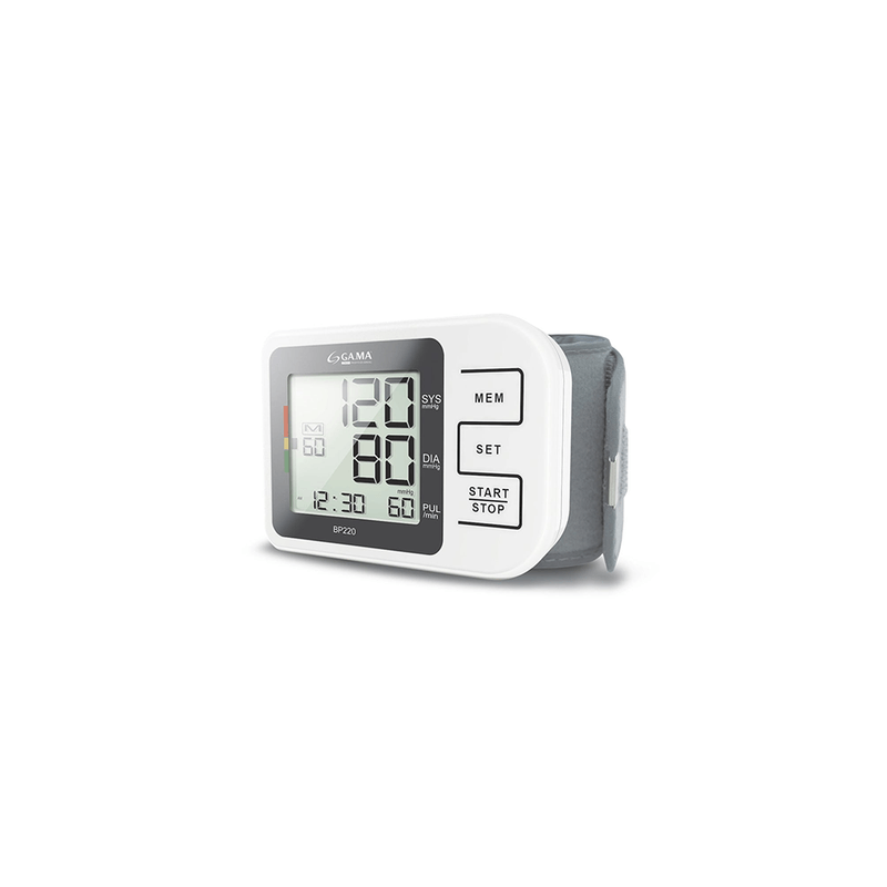 Tensiometro-De-Muñeca-Bp220-con-pantalla-y-velcro-para-amarrar-muñeca-marca-gama-color-blanco